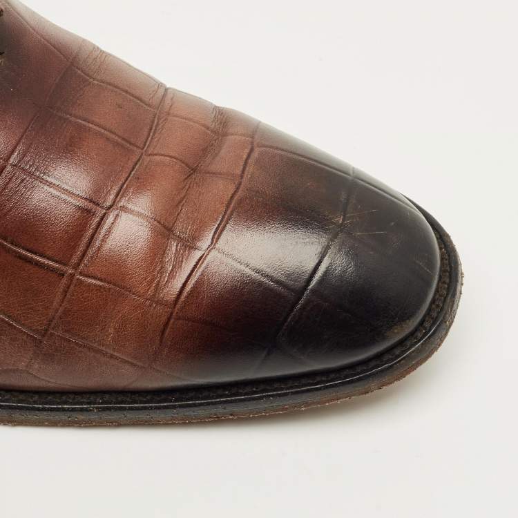 Pre Owned Louis Vuitton Size 41 Brown Croc Embossed Leather Oxfords