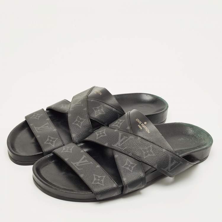 Pre Owned Louis Vuitton Mirabeau Size 43 Black Canvas and Leather Crisscross Flat Slides 