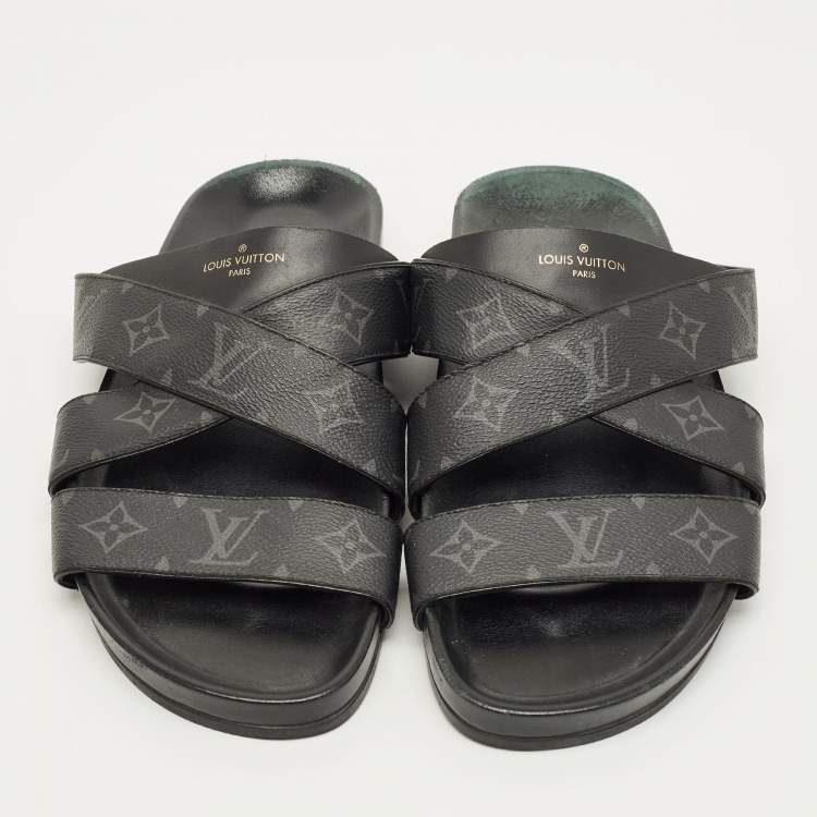 Pre Owned Louis Vuitton Mirabeau Size 43 Black Canvas and Leather Crisscross Flat Slides 