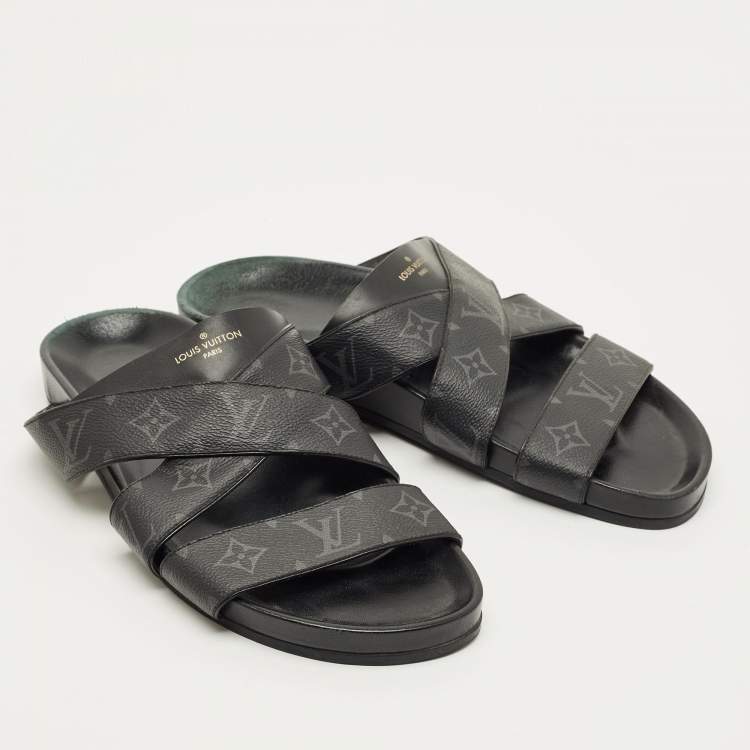 Pre Owned Louis Vuitton Mirabeau Size 43 Black Canvas and Leather Crisscross Flat Slides 