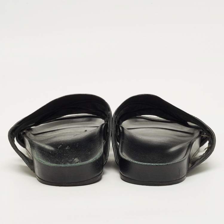 Pre Owned Louis Vuitton Mirabeau Size 43 Black Canvas and Leather Crisscross Flat Slides 