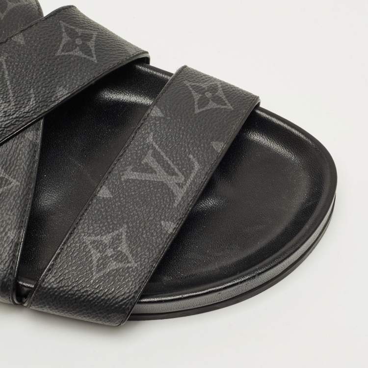 Pre Owned Louis Vuitton Mirabeau Size 43 Black Canvas and Leather Crisscross Flat Slides 