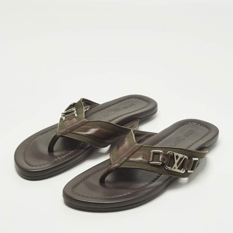 Pre Owned Louis Vuitton Hamptons Size 43.5 Dark Brown/Olive Leather and Canvas Thong Sandals
