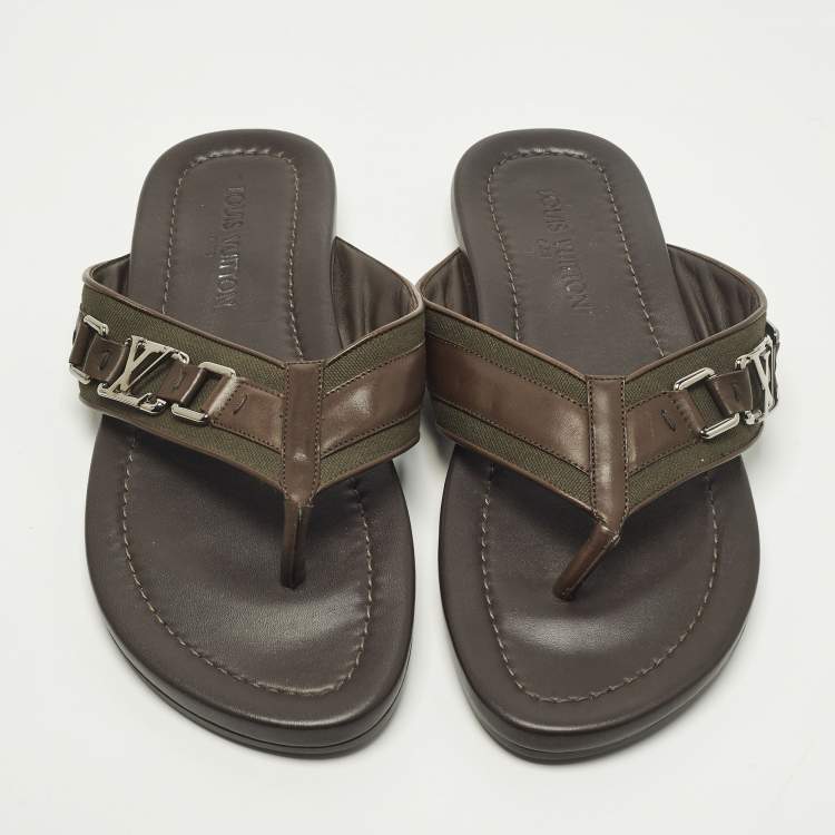 Pre Owned Louis Vuitton Hamptons Size 43.5 Dark Brown/Olive Leather and Canvas Thong Sandals