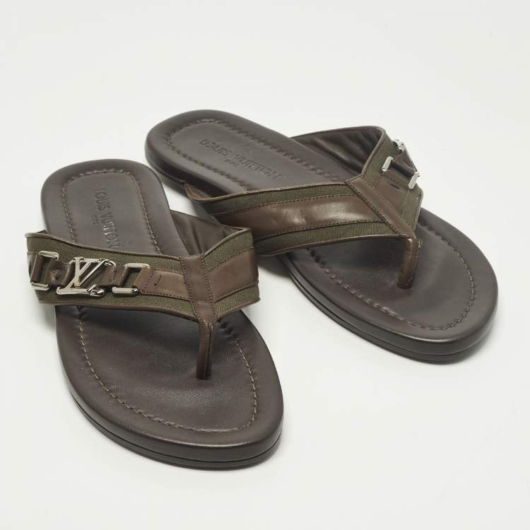 Pre Owned Louis Vuitton Hamptons Size 43.5 Dark Brown/Olive Leather and Canvas Thong Sandals