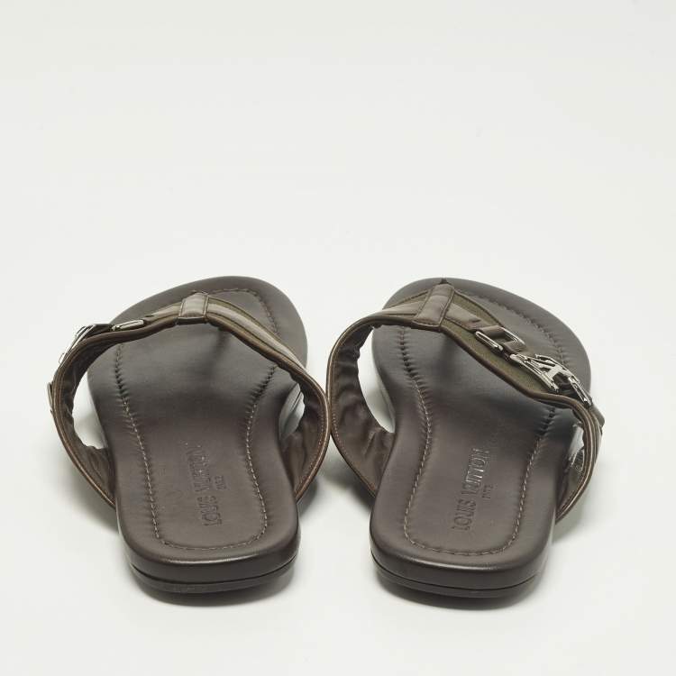 Pre Owned Louis Vuitton Hamptons Size 43.5 Dark Brown/Olive Leather and Canvas Thong Sandals