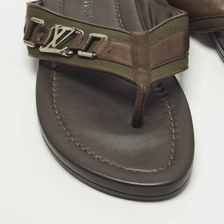 Pre Owned Louis Vuitton Hamptons Size 43.5 Dark Brown/Olive Leather and Canvas Thong Sandals