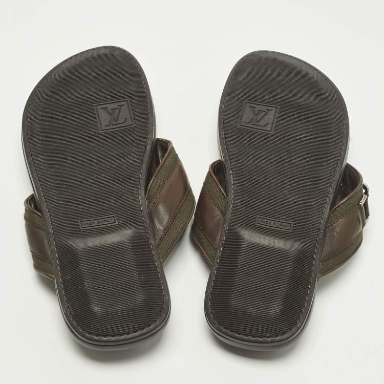 Pre Owned Louis Vuitton Hamptons Size 43.5 Dark Brown/Olive Leather and Canvas Thong Sandals