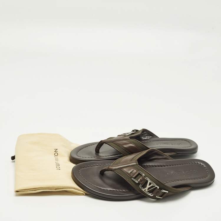 Pre Owned Louis Vuitton Hamptons Size 43.5 Dark Brown/Olive Leather and Canvas Thong Sandals