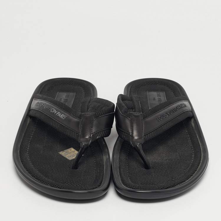 Pre Owned Louis Vuitton Size 44 Black Damier Canvas and Leather Thong Flat Sandals