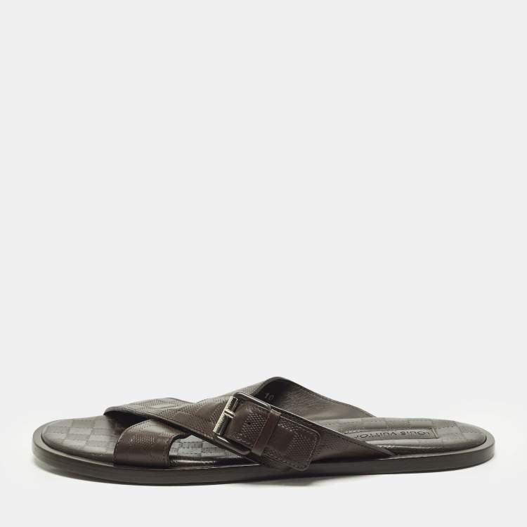 Pre Owned Louis Vuitton Size 44 Dark Brown Damier Leather Criss-Cross Flat Sandals