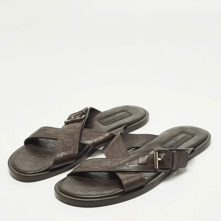 Pre Owned Louis Vuitton Size 44 Dark Brown Damier Leather Criss-Cross Flat Sandals