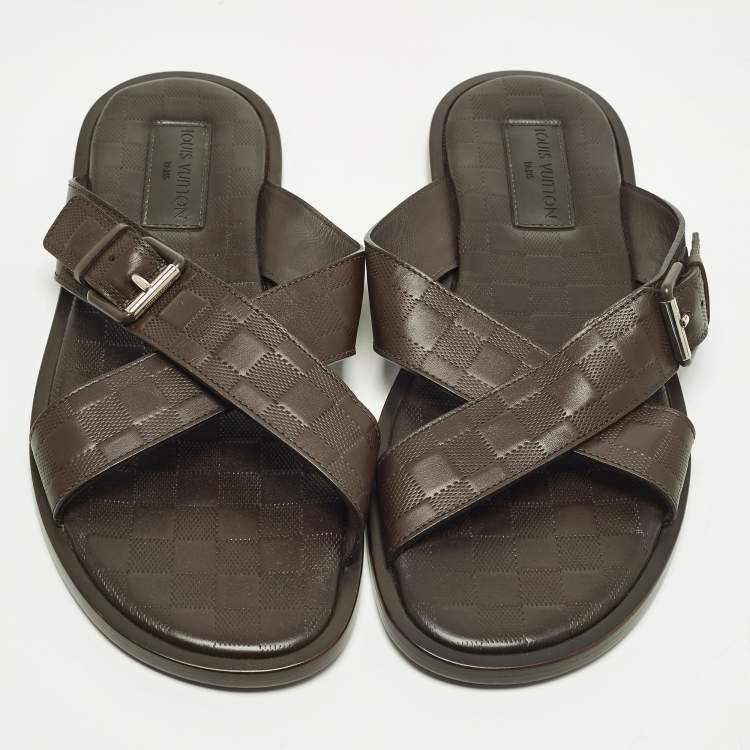 Pre Owned Louis Vuitton Size 44 Dark Brown Damier Leather Criss-Cross Flat Sandals