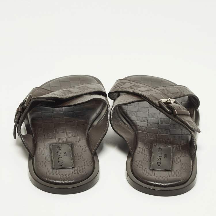 Pre Owned Louis Vuitton Size 44 Dark Brown Damier Leather Criss-Cross Flat Sandals