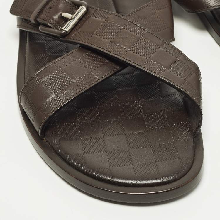 Pre Owned Louis Vuitton Size 44 Dark Brown Damier Leather Criss-Cross Flat Sandals