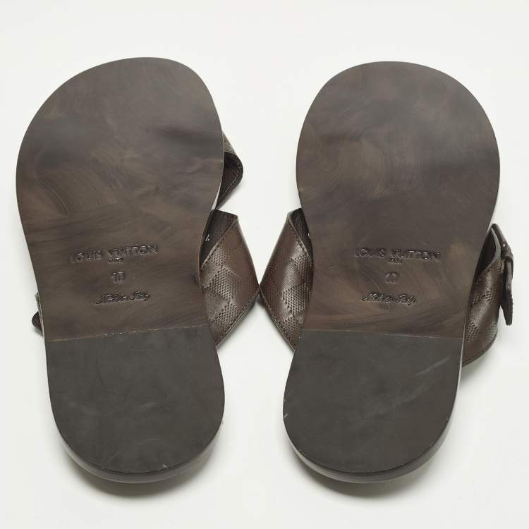 Pre Owned Louis Vuitton Size 44 Dark Brown Damier Leather Criss-Cross Flat Sandals