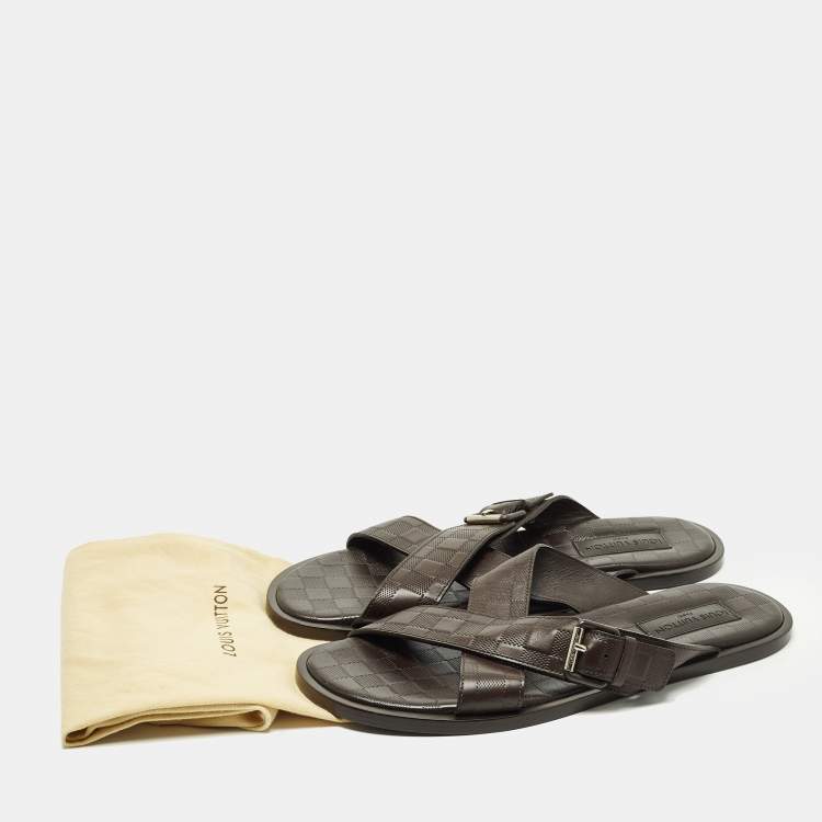 Pre Owned Louis Vuitton Size 44 Dark Brown Damier Leather Criss-Cross Flat Sandals