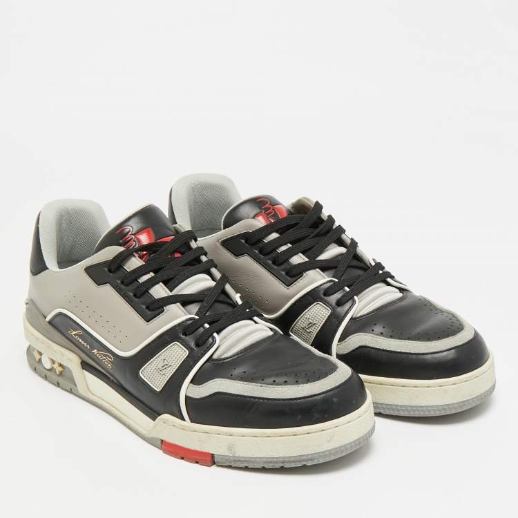 Pre Owned Louis Vuitton LV Trainer Size 41.5 GreyBlack Leather Lace Up Sneakers