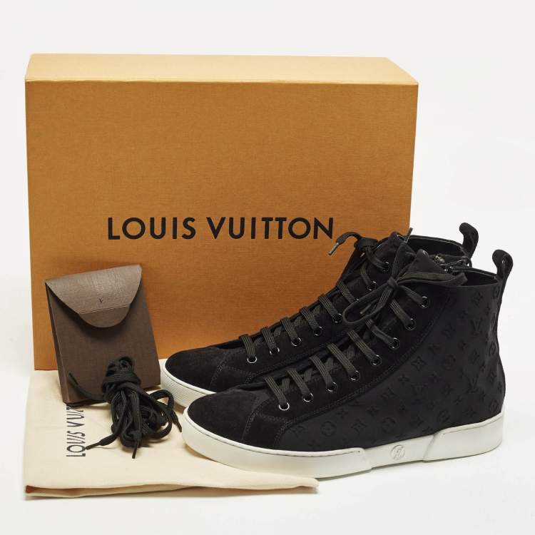 Pre Owned Louis Vuitton Stellar Size 39 Black Monogram Fabric and Suede High Top Sneakers