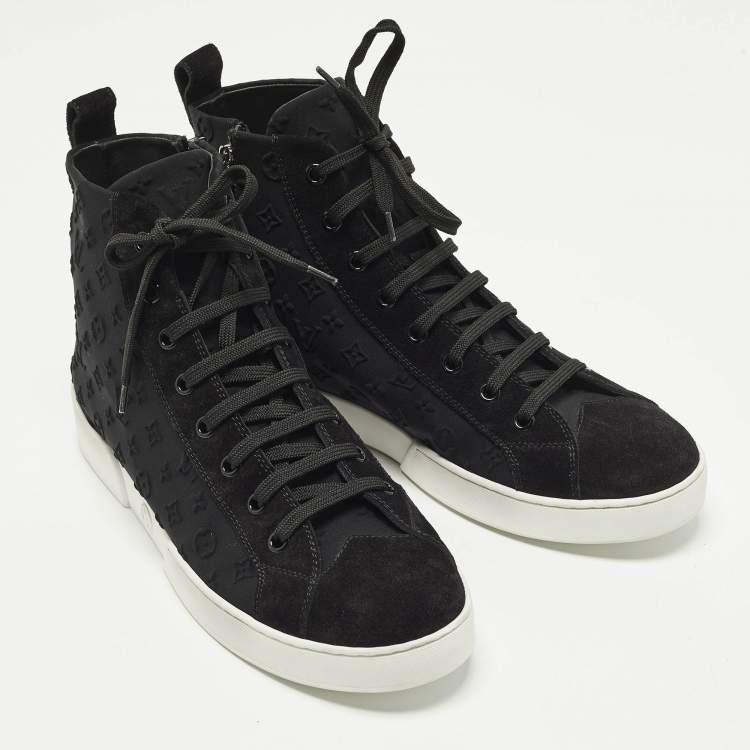 Pre Owned Louis Vuitton Stellar Size 39 Black Monogram Fabric and Suede High Top Sneakers