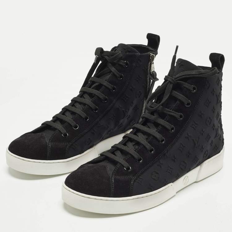 Pre Owned Louis Vuitton Stellar Size 39 Black Monogram Fabric and Suede High Top Sneakers