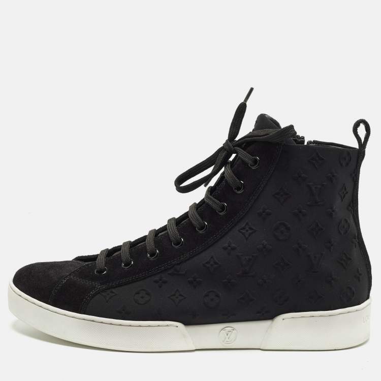Pre Owned Louis Vuitton Stellar Size 39 Black Monogram Fabric and Suede High Top Sneakers