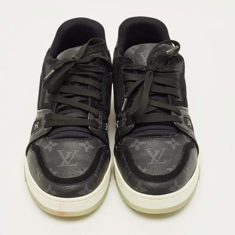 Pre Owned Louis Vuitton LV Trainer Size 40 Black Canvas and Suede Lace Up Sneakers