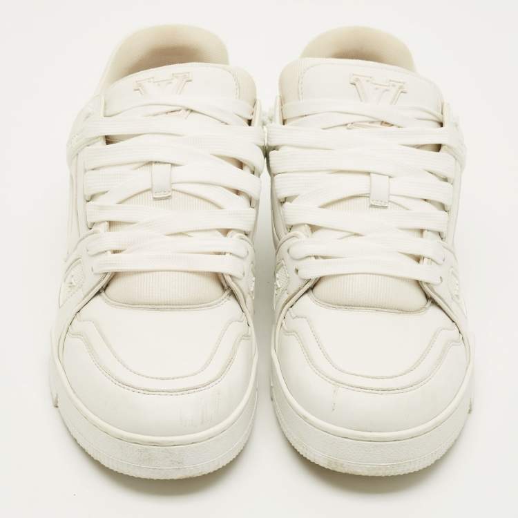 Pre Owned Louis Vuitton LV Trainer Size 43 White Fabric and Leather Lace Up Sneakers
