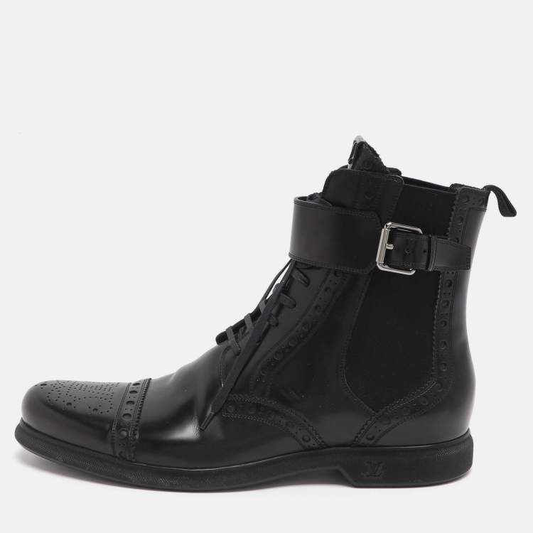 Pre Owned Louis Vuitton Size 43.5 Brogue Black Elastane and Patent Leather Chelsea Lace Up Boots