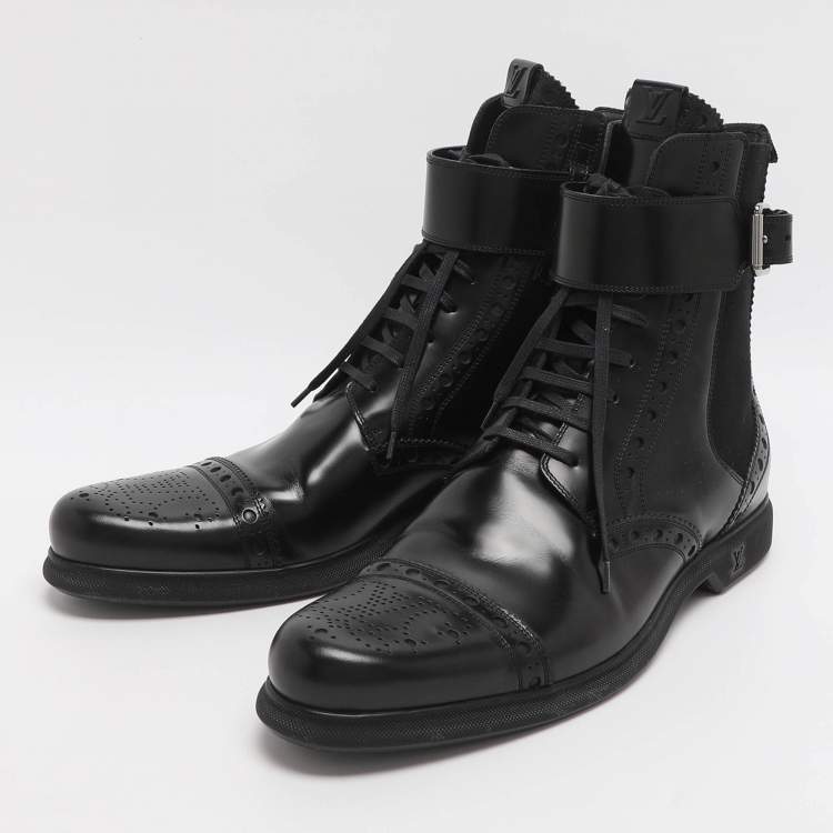 Pre Owned Louis Vuitton Size 43.5 Brogue Black Elastane and Patent Leather Chelsea Lace Up Boots