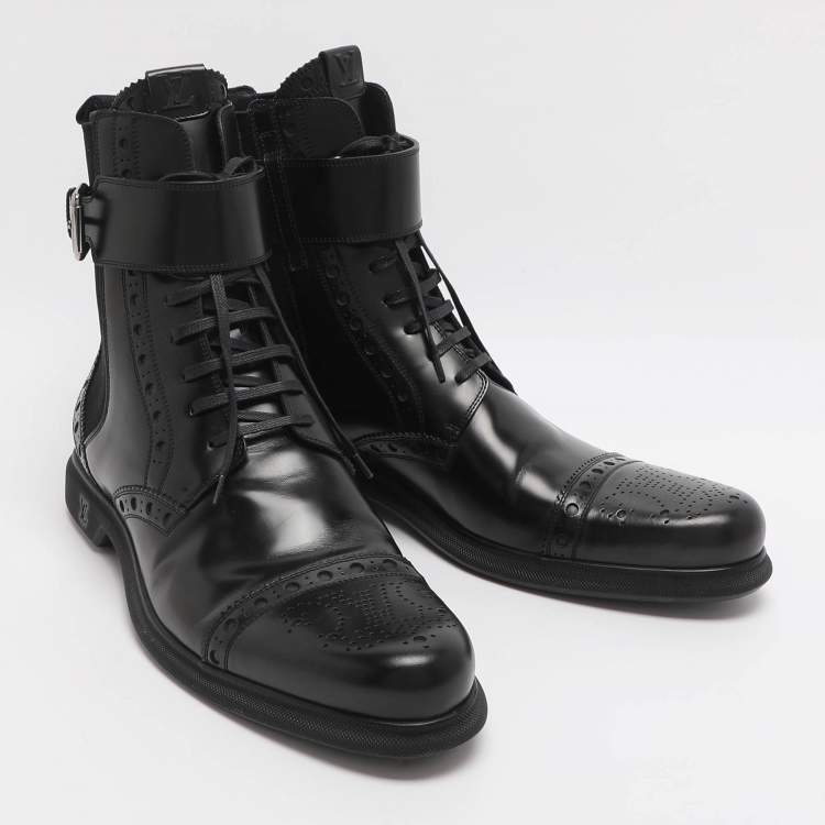 Pre Owned Louis Vuitton Size 43.5 Brogue Black Elastane and Patent Leather Chelsea Lace Up Boots