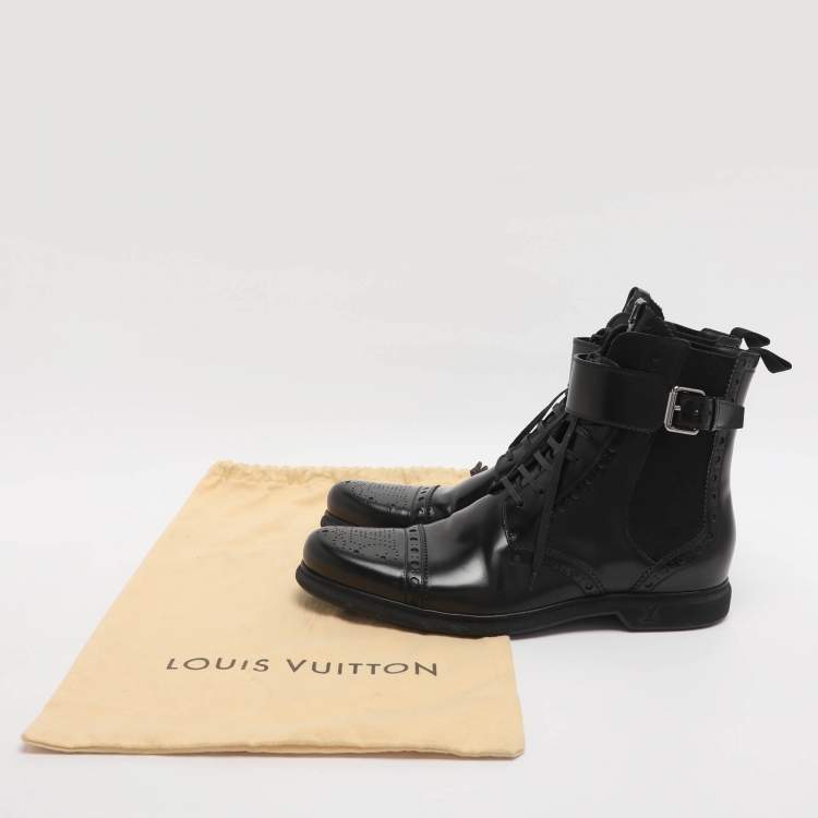 Pre Owned Louis Vuitton Size 43.5 Brogue Black Elastane and Patent Leather Chelsea Lace Up Boots