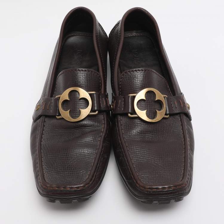 Pre Owned Louis Vuitton Flower Logo Size 42 Brown Leather Loafers