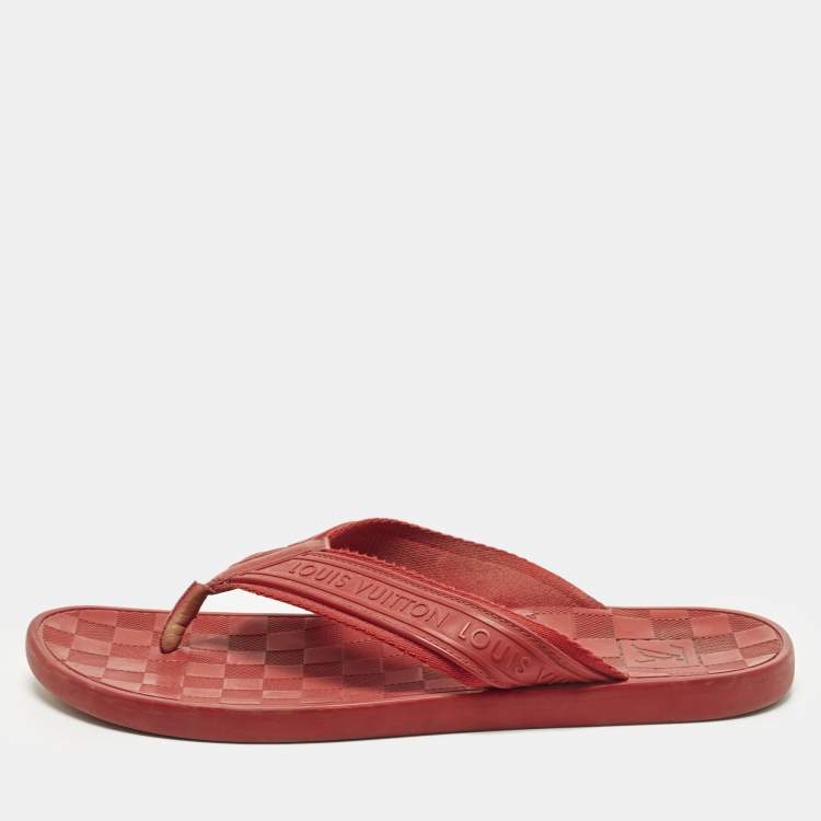 Pre Owned Louis Vuitton Size 44 Red Leather and Rubber Thong Flats Slide