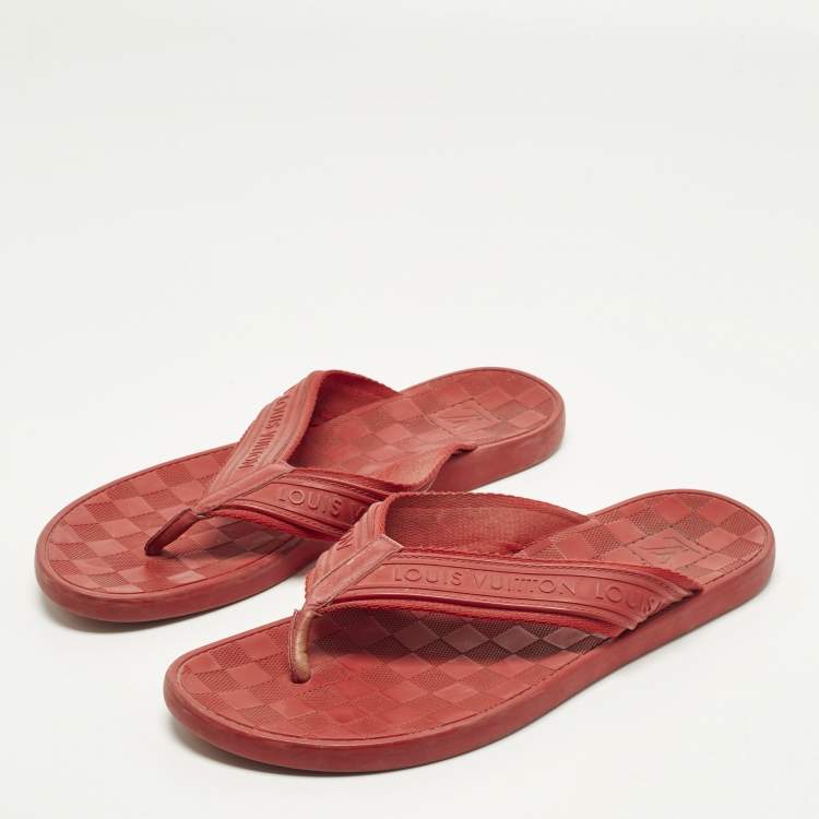 Pre Owned Louis Vuitton Size 44 Red Leather and Rubber Thong Flats Slide