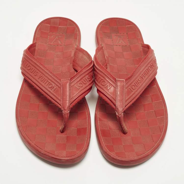 Pre Owned Louis Vuitton Size 44 Red Leather and Rubber Thong Flats Slide