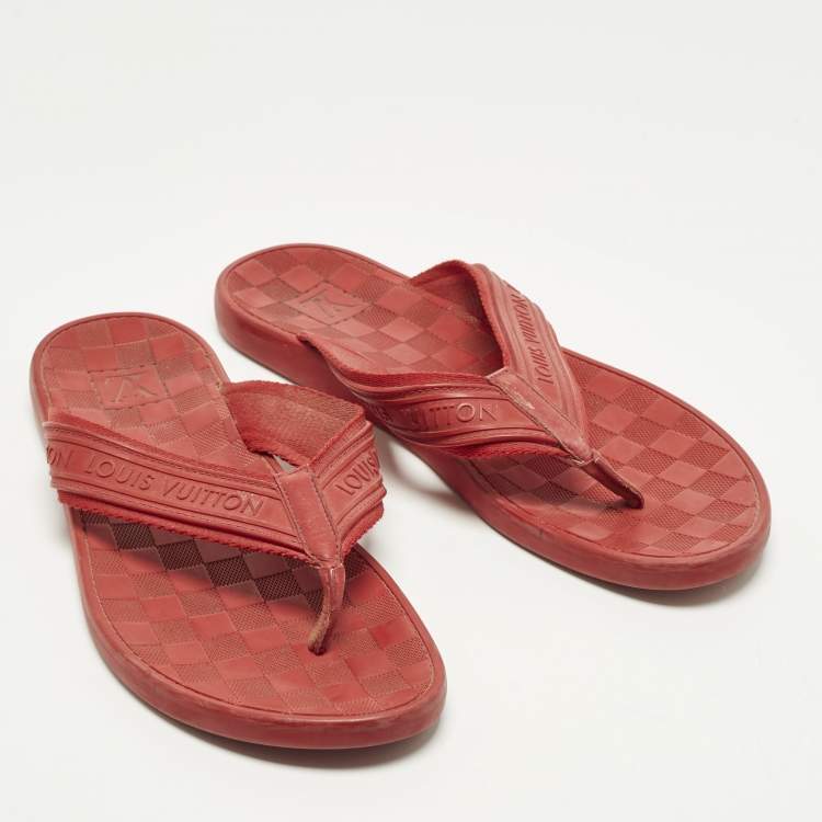 Pre Owned Louis Vuitton Size 44 Red Leather and Rubber Thong Flats Slide