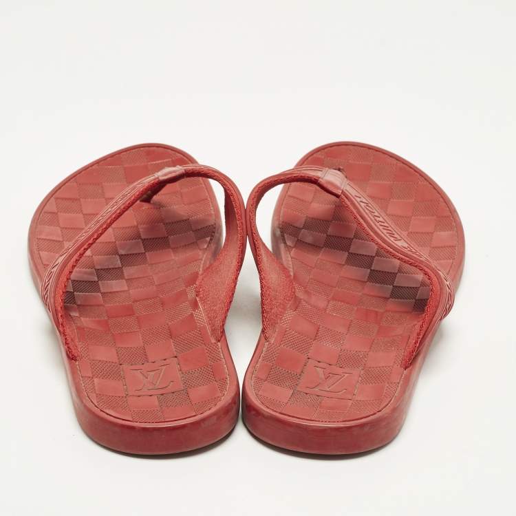 Pre Owned Louis Vuitton Size 44 Red Leather and Rubber Thong Flats Slide