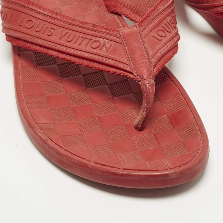 Pre Owned Louis Vuitton Size 44 Red Leather and Rubber Thong Flats Slide