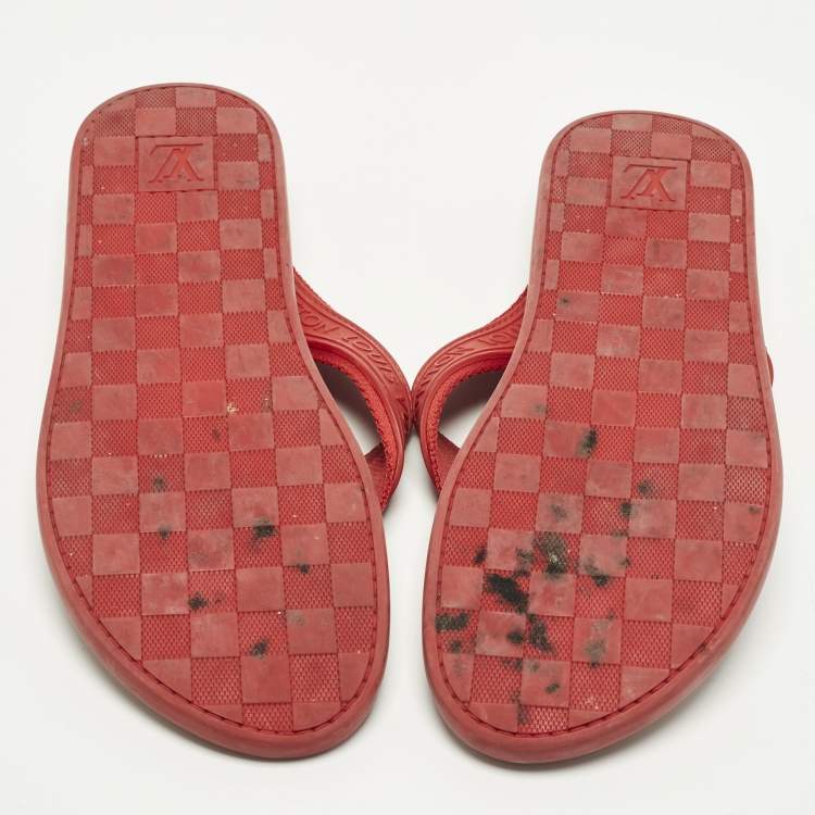 Pre Owned Louis Vuitton Size 44 Red Leather and Rubber Thong Flats Slide
