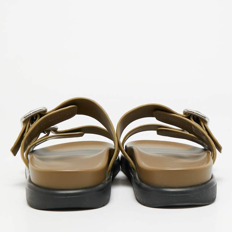 Pre Owned Louis Vuitton Bom Dia Size 45 Green Suede Slide Sandals