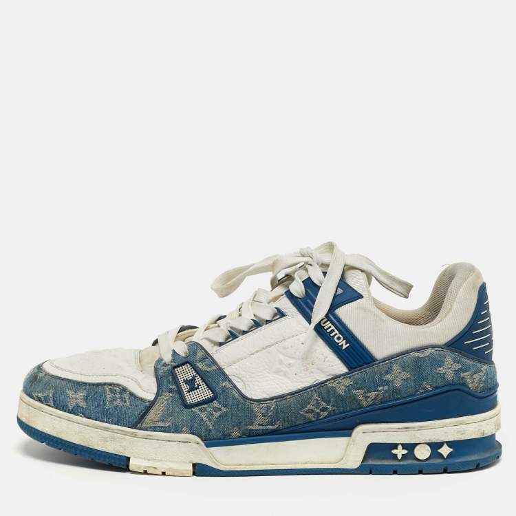 Pre Owned Louis Vuitton LV Trainer Size 46 White Denim and Leather Lace Up Sneakers