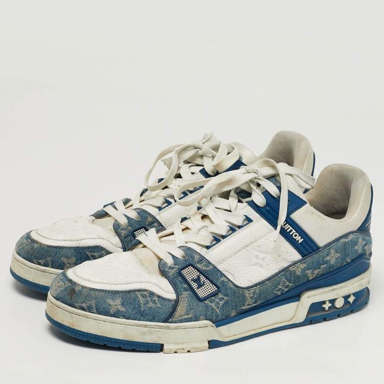 Pre Owned Louis Vuitton LV Trainer Size 46 White Denim and Leather Lace Up Sneakers