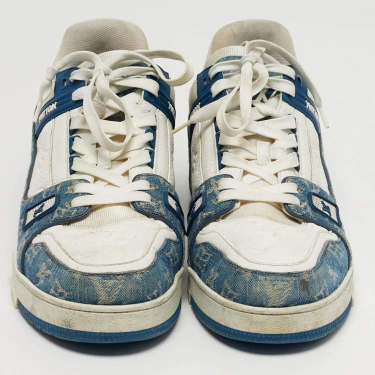 Pre Owned Louis Vuitton LV Trainer Size 46 White Denim and Leather Lace Up Sneakers