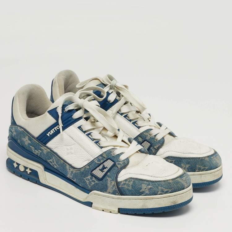 Pre Owned Louis Vuitton LV Trainer Size 46 White Denim and Leather Lace Up Sneakers