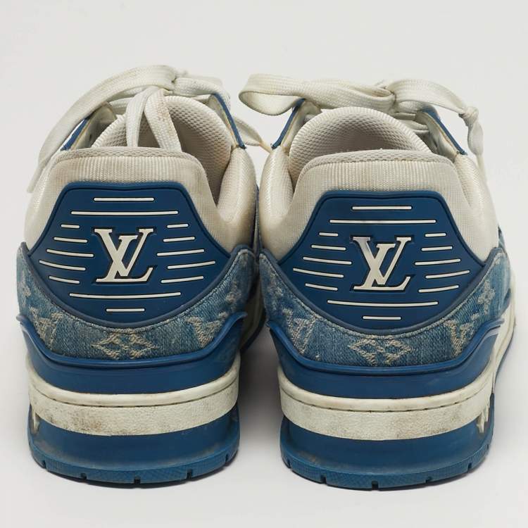 Pre Owned Louis Vuitton LV Trainer Size 46 White Denim and Leather Lace Up Sneakers