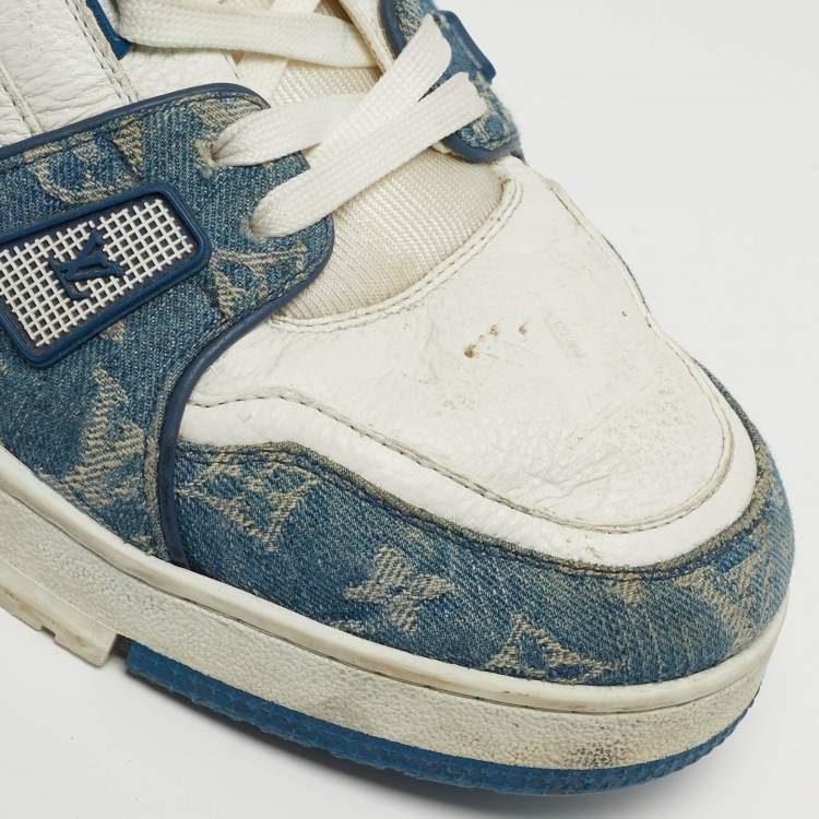 Pre Owned Louis Vuitton LV Trainer Size 46 White Denim and Leather Lace Up Sneakers