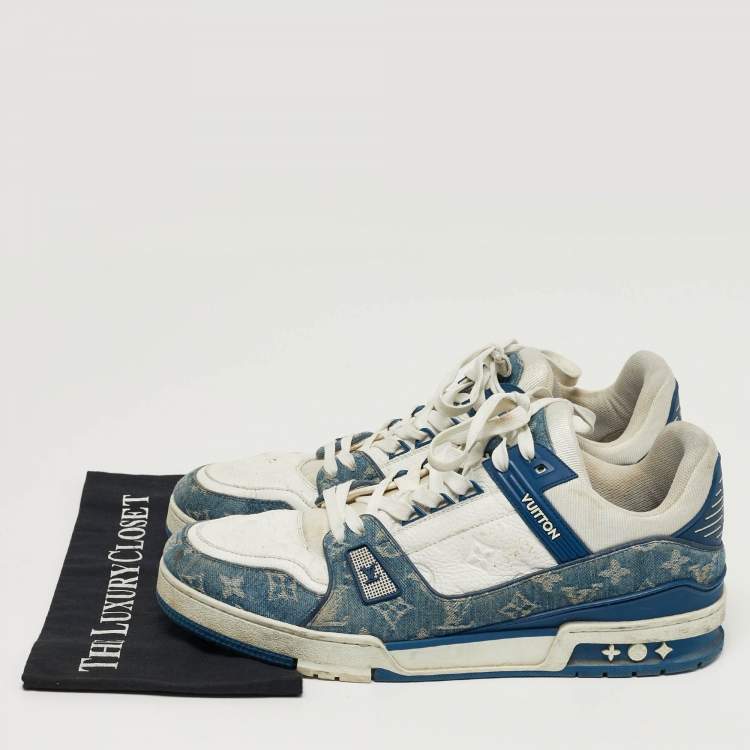 Pre Owned Louis Vuitton LV Trainer Size 46 White Denim and Leather Lace Up Sneakers