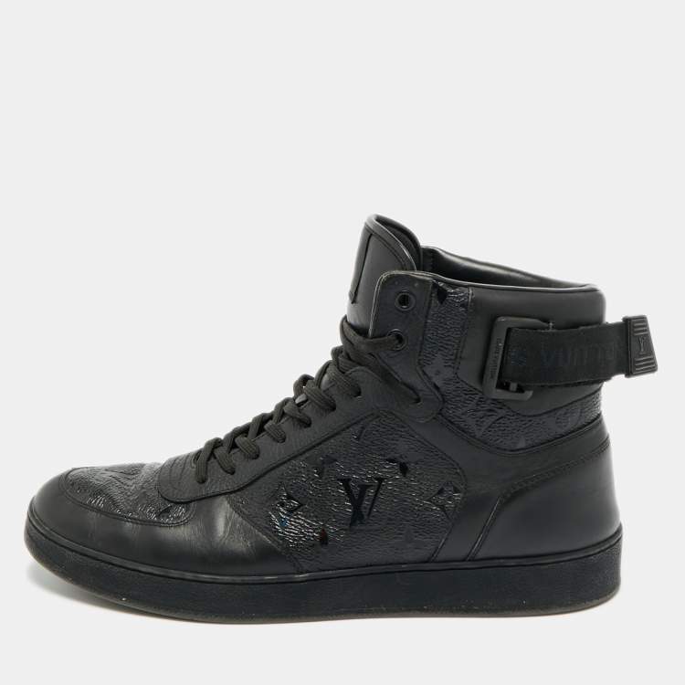Pre Owned Louis Vuitton Rivoli Size 42.5 Black Monogram Canvas and Leather High Top Sneakers