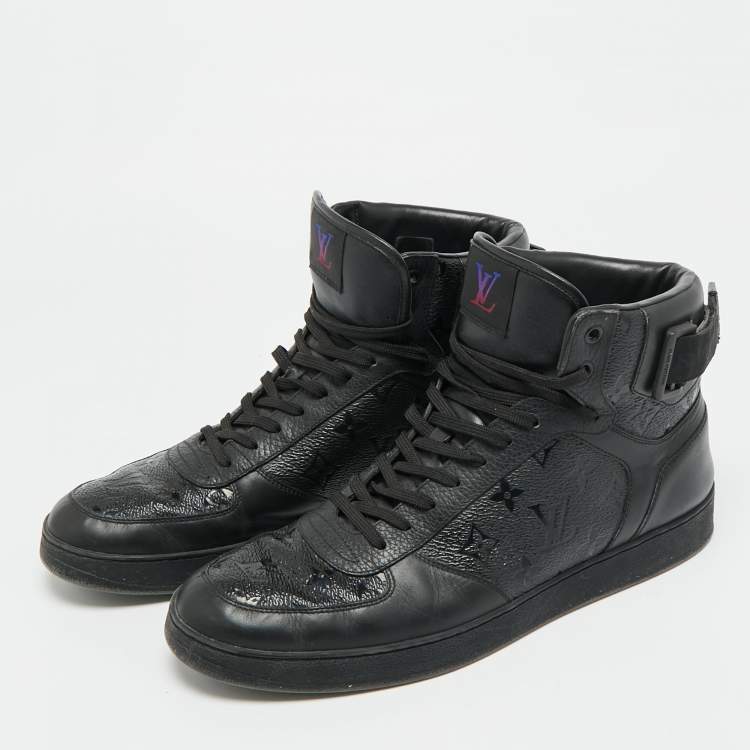 Pre Owned Louis Vuitton Rivoli Size 42.5 Black Monogram Canvas and Leather High Top Sneakers